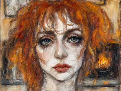 A red-haired woman looking intensely, with a glowing fire in the background.