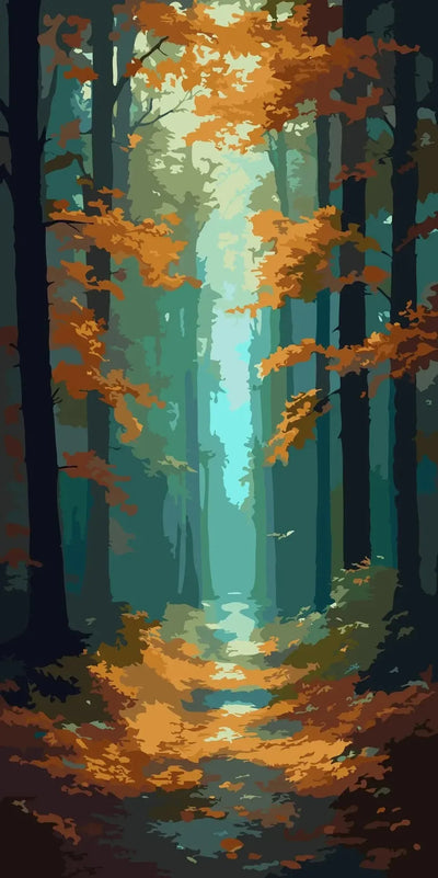 An autumn forest path with orange leaves and green trees.