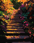 Thumbnail for An atmospheric autumn scene with stone steps covered in golden leaves and surrounded by colorful vegetation.