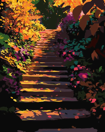 An atmospheric autumn scene with stone steps covered in golden leaves and surrounded by colorful vegetation.