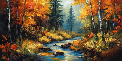 An autumn forest where bright yellow and red trees line the stream, creating a peaceful and beautiful landscape.