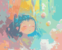 Thumbnail for Pastellinsävyinen maalaus, jossa sulkasilmäinen tyttö ja valkoinen kissa lepäävät maagisen väripilven keskellä koristeellisten koristepallojen ympäröimänä.