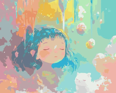 A pastel-colored painting featuring a girl with feathered eyes and a white cat resting in the middle of a magical cloud of colors surrounded by decorative baubles.