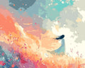 Thumbnail for A woman's silhouette stands at the edge of a flower meadow as the sky glows in warm orange and cool blue hues.
