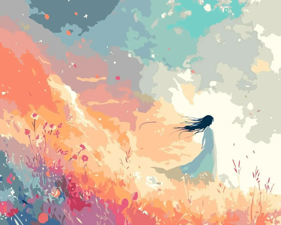 A woman's silhouette stands at the edge of a flower meadow as the sky glows in warm orange and cool blue hues.
