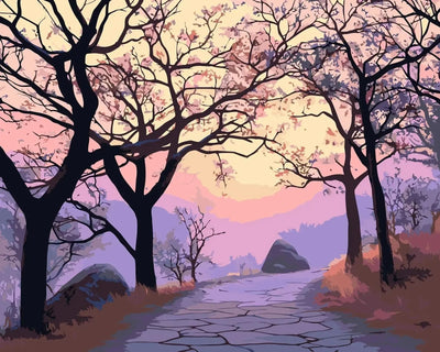 As the evening sun sets, the path runs through cherry trees whose branches form shadowy arches against the pink hues of the sky.