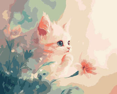 The white cat looks curiously at the red flower in the middle of the green foliage, with hazy pastel hues in the background.
