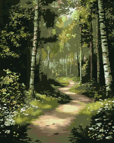 A green-hued forest landscape, where a winding path runs among birches and is bordered by wildflowers, with light filtering through the trees in the background.