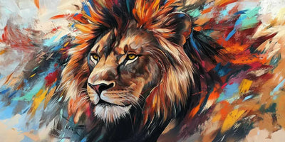 The picture shows a lion, whose intense gaze and fiery background merge in bright and warm colors. In the background, there are abstract color shades.