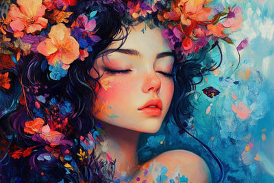 A female portrait where the colors of the flowers and soft tones create a harmonious whole.