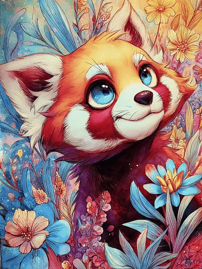 Diamond painting, where a cute red panda looks at the sky surrounded by flowers.