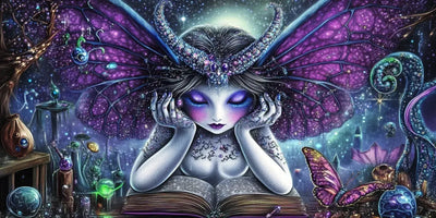 Butterfly Queen diamond painting: gothic fairy with purple butterfly wings reading a spell book
