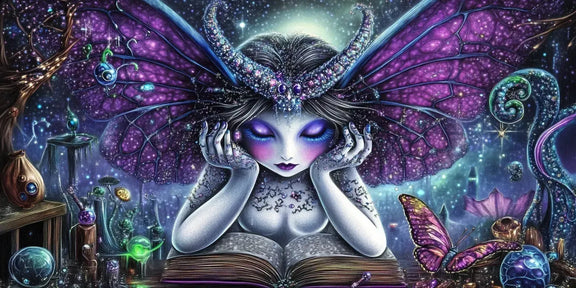 Butterfly Queen diamond painting: gothic fairy with purple butterfly wings reading a spell book