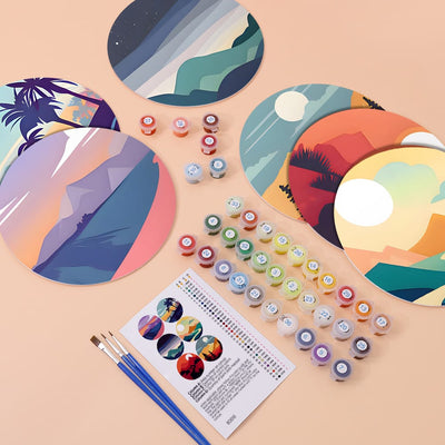 Landscape patterned round table mats with numbers and paints