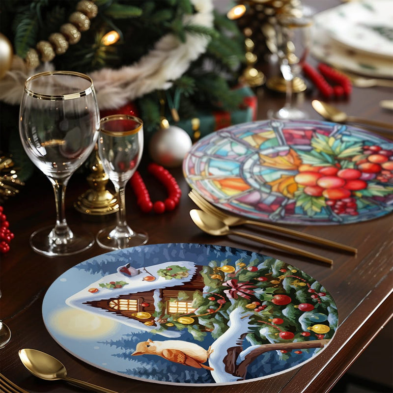 Table setting with self-painted round table placemats with Christmas decorations