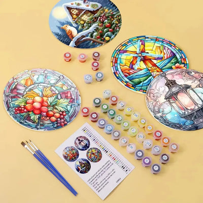Painting by numbers set intended for table placemats, including paints and brushes