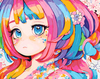 Thumbnail for Söpö anime-tyylinen tyttö värikkäillä sateenkaaren sävyissä, kukkia hiuksissaan ja suurilla sinisillä silmillä, numeromaalaus.