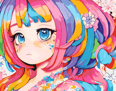 Cute anime-style girl in colorful rainbow shades, flowers in her hair, and big blue eyes, Paint By Numbers.