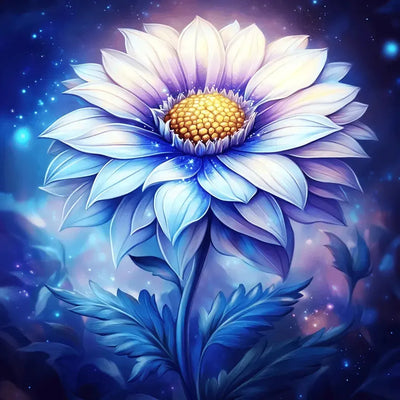Diamond painting, where a large bluish flower shines among the stars.