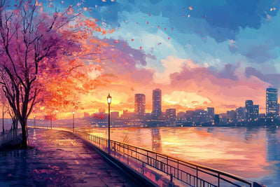A spring cityscape where cherry trees bloom and sunset hues reflect on the water's surface.