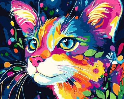 Colorburst paint by numbers: colourful pop art cat portrait in bright neon tones