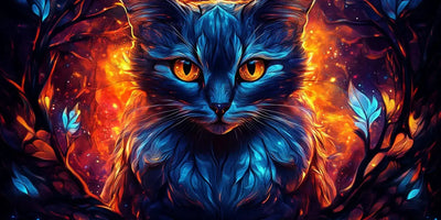 A colorful picture of a black cat with intense orange eyes and a blazing landscape in the background.