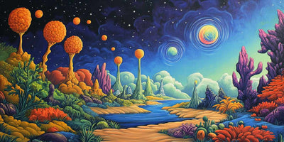A fantasy landscape where bright plants and a starry sky create a surreal and colorful whole.