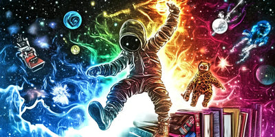 Cosmic Voyager diamond painting: astronaut floating in colourful space surrounded by books and objects