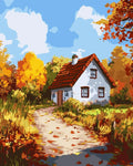 Thumbnail for Idyllic countryside cottage paint-by-numbers, where a red-roofed cottage is surrounded by autumnal deciduous trees and a path.