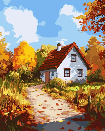 Idyllic countryside cottage paint-by-numbers, where a red-roofed cottage is surrounded by autumnal deciduous trees and a path.