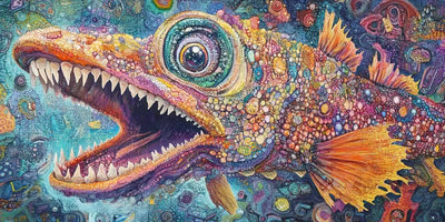 A fantasy-like fish with bright colors and detailed textures highlighting its shapes.