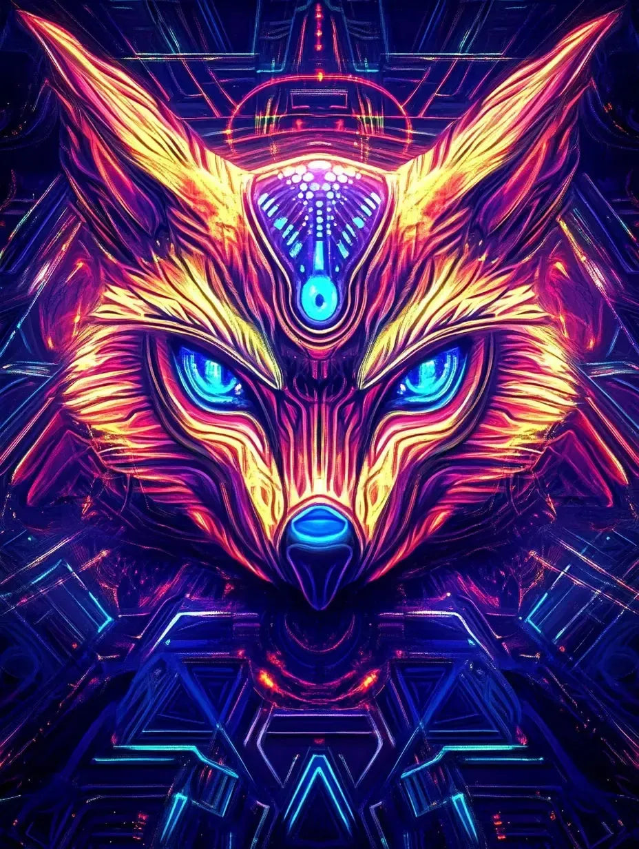 Neon-värinen kettu, jonka kirkkaat siniset silmät hehkuvat futuristisessa taustassa, täynnä yksityiskohtaisia geometrisia kuvioita.