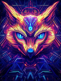 Thumbnail for Neon-värinen kettu, jonka kirkkaat siniset silmät hehkuvat futuristisessa taustassa, täynnä yksityiskohtaisia geometrisia kuvioita.