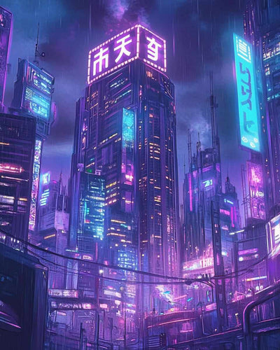 A futuristic city where neon signs and lights shine around tall skyscrapers; the cityscape is filled with shades of purple and blue on a rainy night.