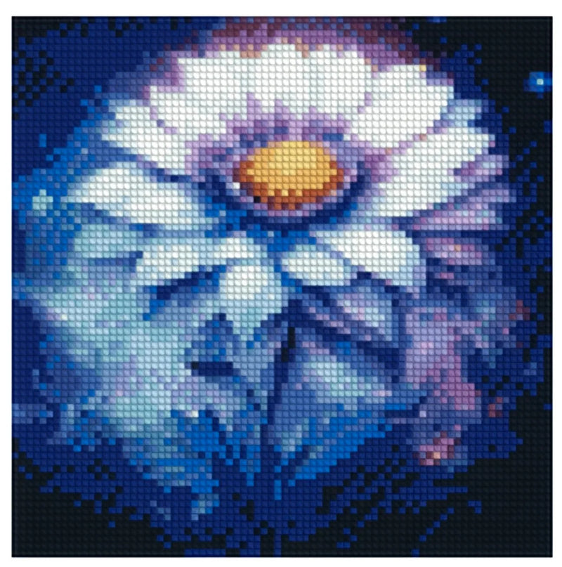 Diamond painting model image - white flower in deep blue night lighting, purple shadows, and galaxy-like glows on the petals.