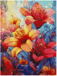 Thumbnail for Diamond painting model image – bright red and yellow flowers, bluish backlight, and a vibrant, painterly neon color scheme.