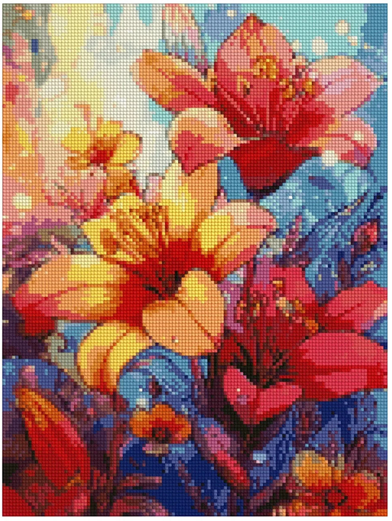 Diamond painting model image – bright red and yellow flowers, bluish backlight, and a vibrant, painterly neon color scheme.