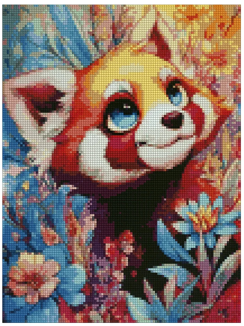 Diamond painting reference image – a cute red panda with larger blue eyes, a bright flower field, and a warm fairy-tale color scheme.