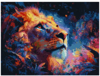 Thumbnail for Diamond painting reference image – a powerful lion profile, neon glowing shades of orange and blue, dramatic night lighting.