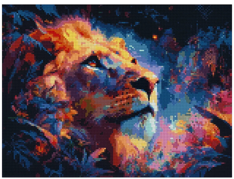 Diamond painting reference image – a powerful lion profile, neon glowing shades of orange and blue, dramatic night lighting.
