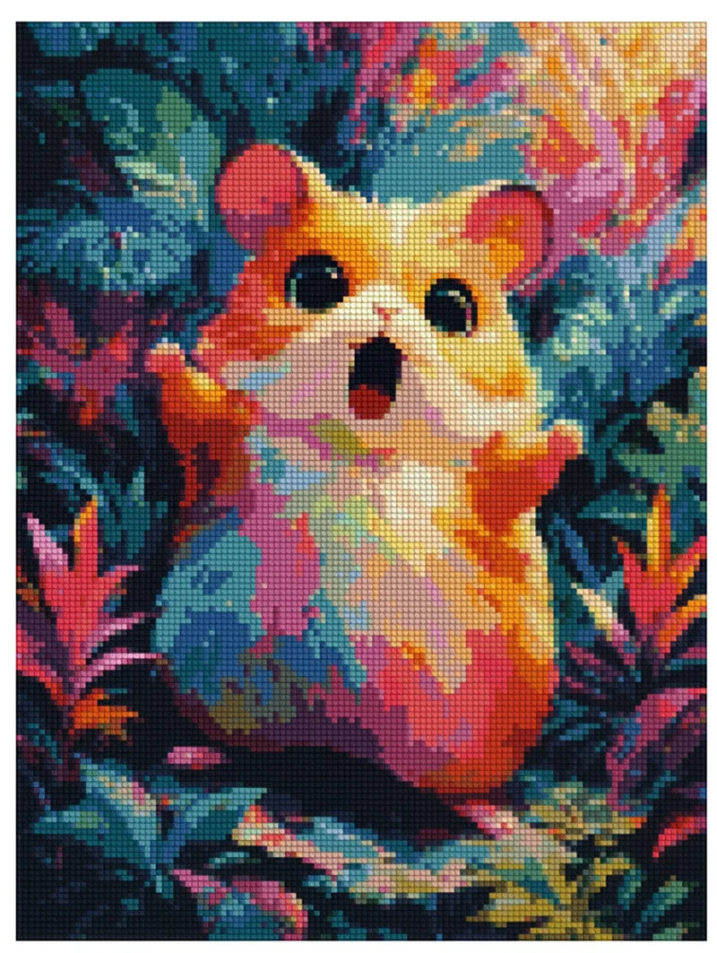 Diamond painting reference image – colorful hamster with open mouth, among pink and turquoise leaves, with a magical glow.