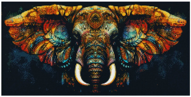 Diamond painting model image – massive elephant head, wing-like design in golden and blue shades, and a dark mystical background.