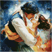 Thumbnail for Diamond painting model image – a couple in a gentle embrace, with a bluish star nebula and warm painterly colors in the background.