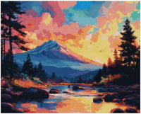 Thumbnail for Diamond painting reference image – colorful mountain landscape, orange and pink sunset, and a glowing stream reflecting the sky's colors.