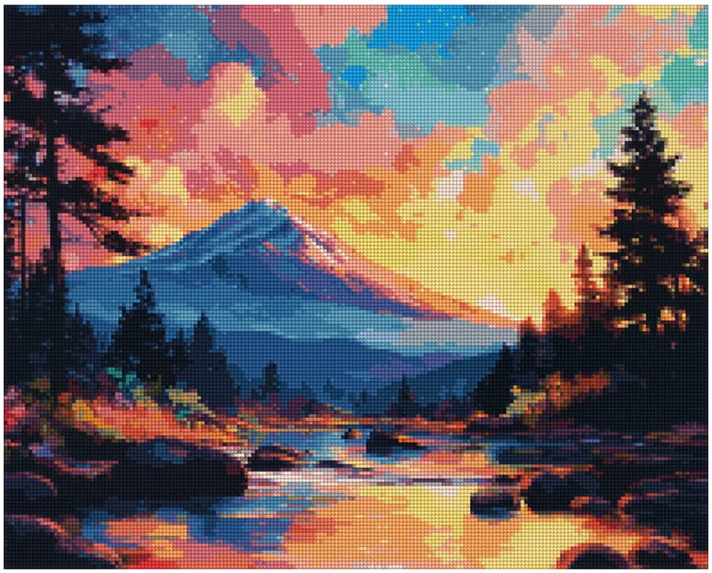Diamond painting reference image – colorful mountain landscape, orange and pink sunset, and a glowing stream reflecting the sky's colors.