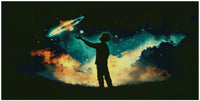 Thumbnail for Diamond painting model image – silhouette of a boy in front of a colorful space cloud, with a turquoise and orange glow and a planet floating in the sky.