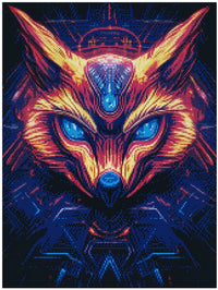Thumbnail for Diamond painting model image – an intense fox or wolf figure, blue glowing eyes, and red-gold neon accents on a futuristic dark background.