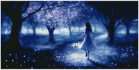 Thumbnail for Diamond painting reference image – a blue-toned night forest, misty background, and a figure carrying a lantern amidst glowing light flakes.