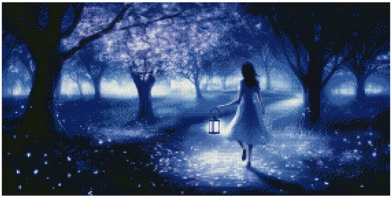 Diamond painting reference image – a blue-toned night forest, misty background, and a figure carrying a lantern amidst glowing light flakes.