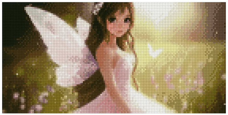 Diamond painting model image – a delicate fairy in pastel forest light, light wings and a warm gold-green glow.